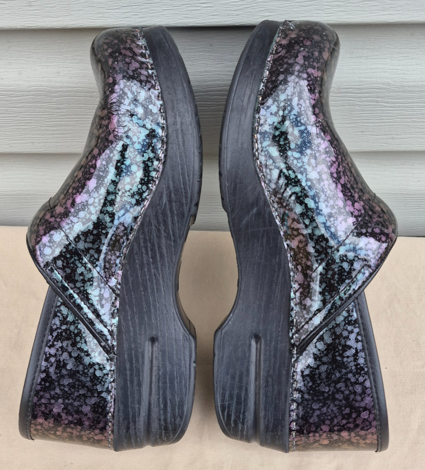 Women’s Dansko Patent Professional Clogs Metallic Ink Paint Splat Size: 39