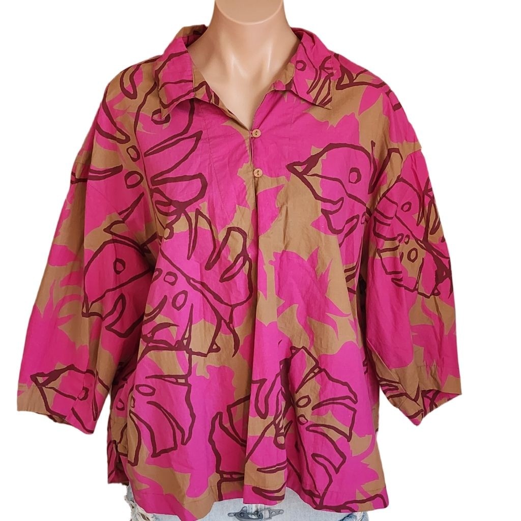 NOEN Pink Brown Leaf Print Puff Sleeve Shirt Size 12