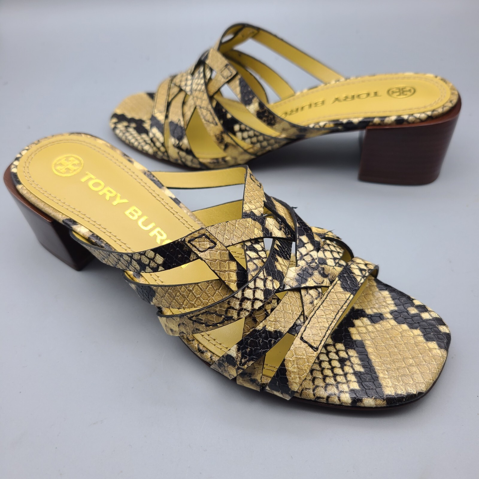 Tory Burch Sandals Basket Weave Tan Black Snake block heel Slides Women Sz 7 New