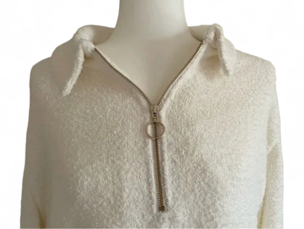SHOW ME YOUR MUMU Off-White Sherpa Fleece SADIE PULLOVER SWEATER Gold Zipper S