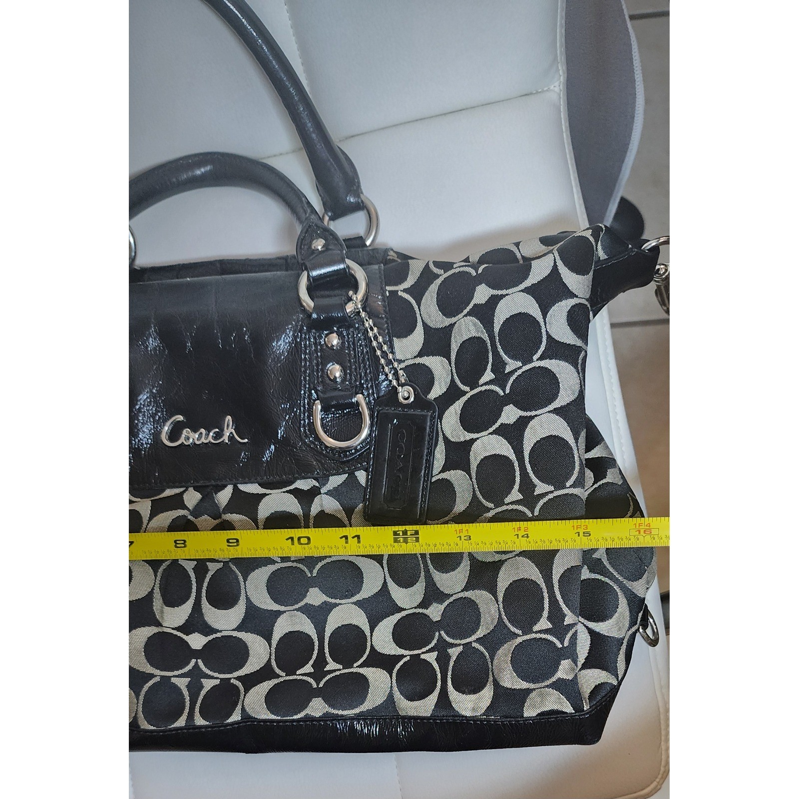 Coach Ashley Signature Satchel Black Grey Jacquard Patent Leather Bag F15440