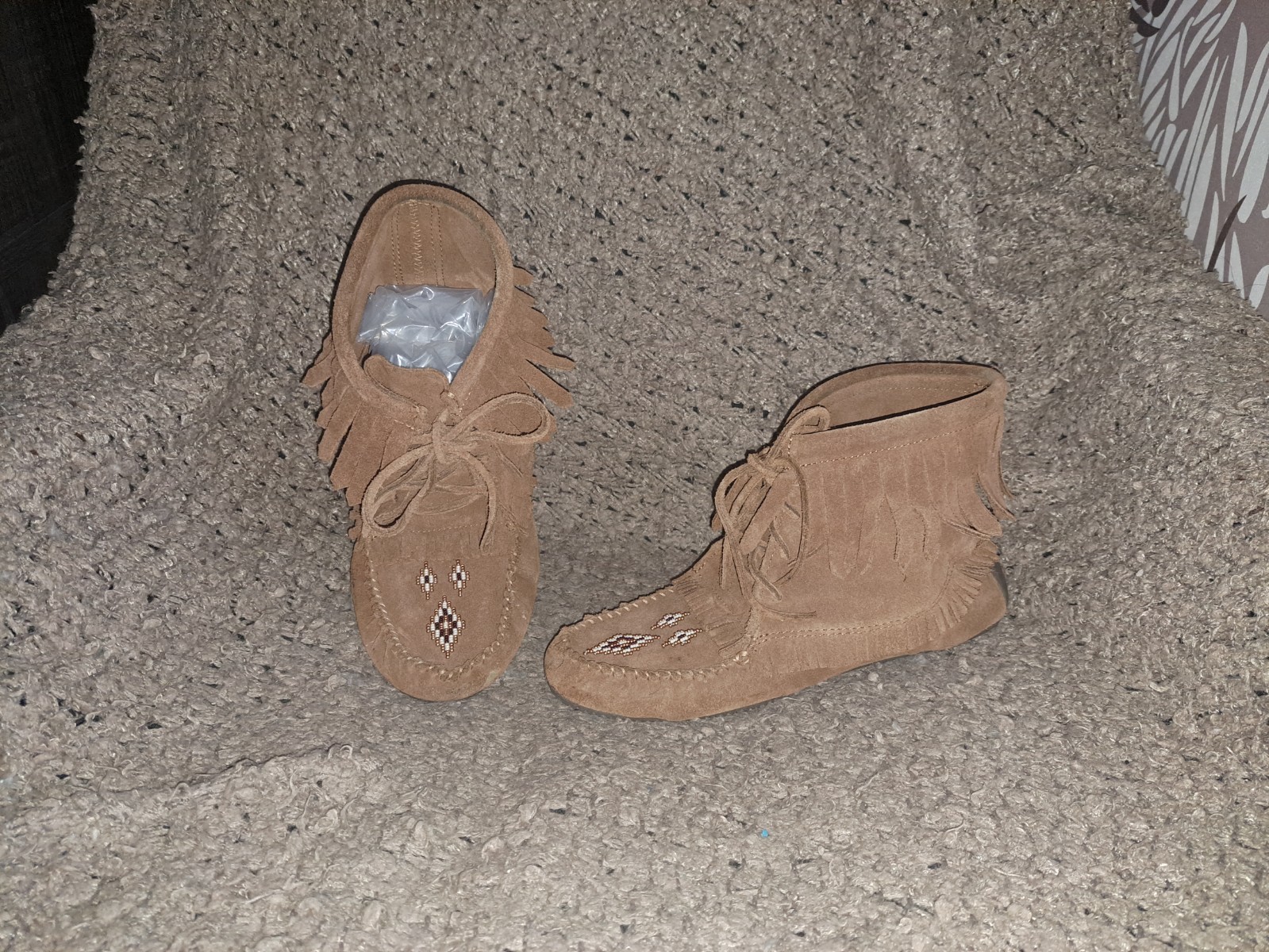 MANITOBAH MUKLUKS-Harvester Chestnut Fringed Suede Moccasin Booties-Sz 10-EX