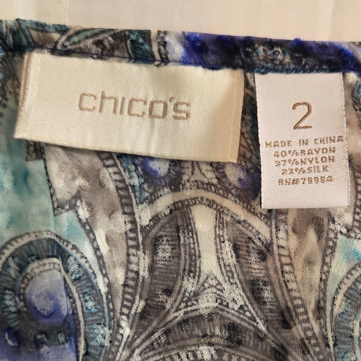 Chicos Silk Blend Womens Blouse Blue Size 2 Sheer Paisley Smocked Peplum