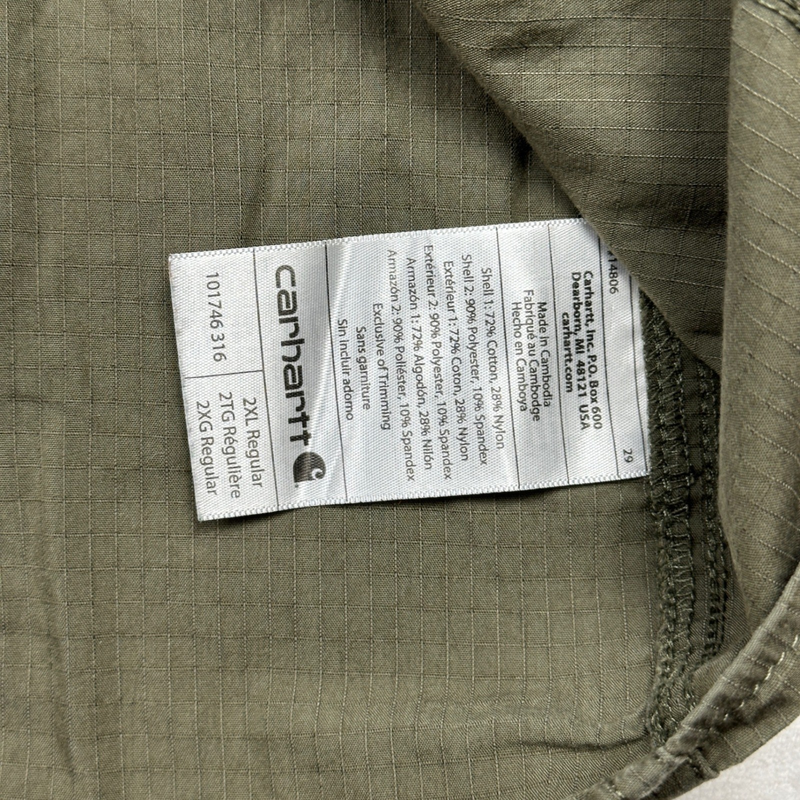 Carhartt Mens 2XL Relaxed Fit Long Sleeve Work Shirt Green Cotton Nylon Spandex