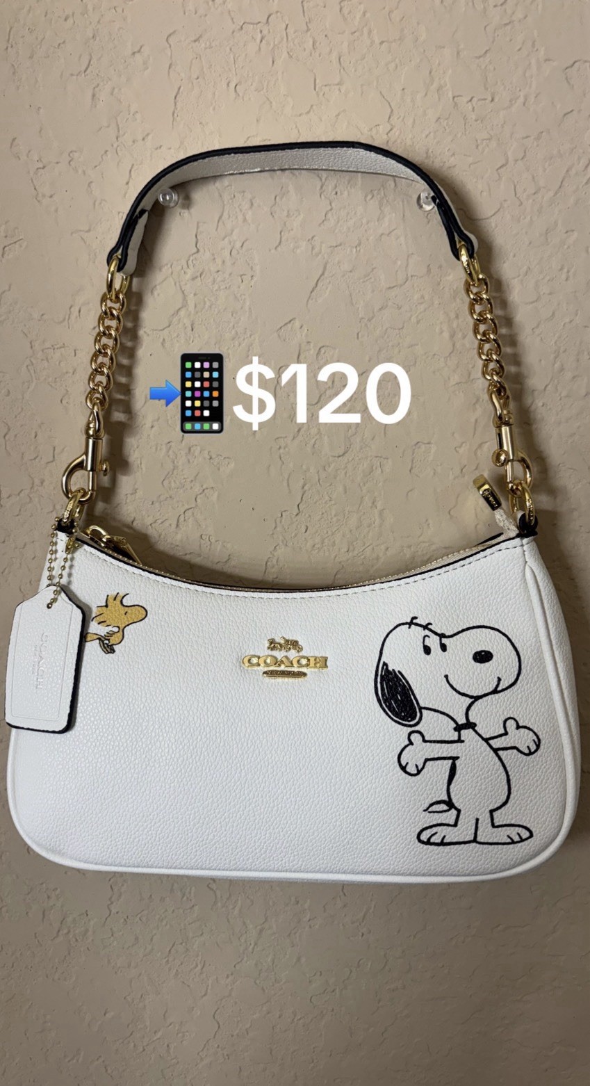 Coach Peanuts Snoopy Woodstock White Small Shoulder Bag Zip Gold Hardware