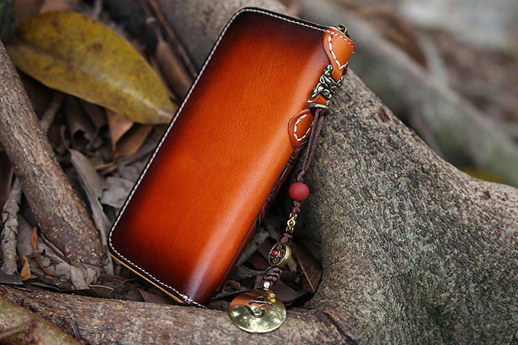 Leather Long Wallet Carved Hand Tooled Zip Around Clutch Purse +Amulet Pendant