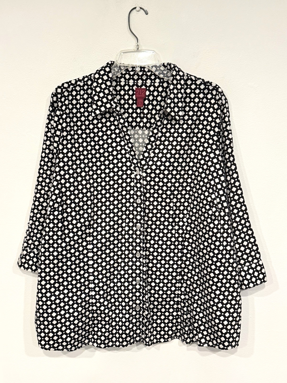 212 Collection Womens Shirt Plus Size 3X Black White Grid Tile Stretch Woven Top