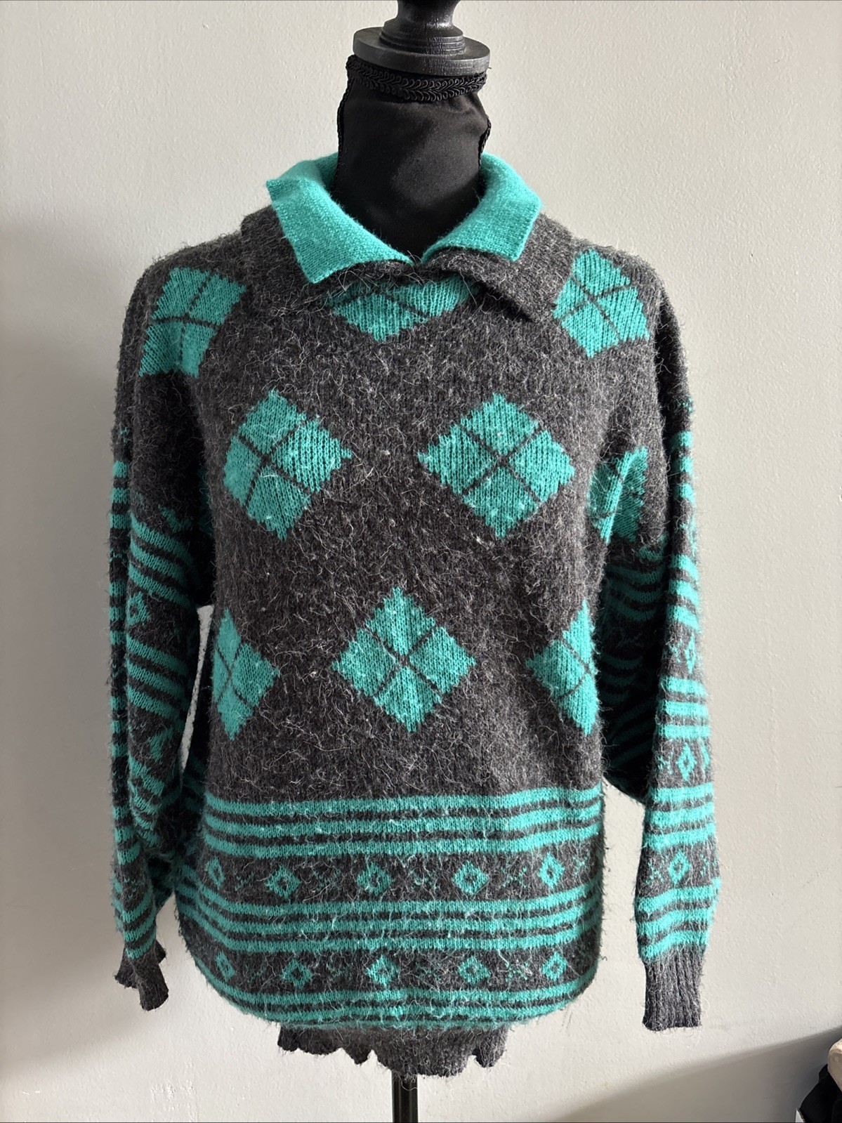 Vintage Label Knitwear England sweater Green Gray fair isle 44 Double Collar