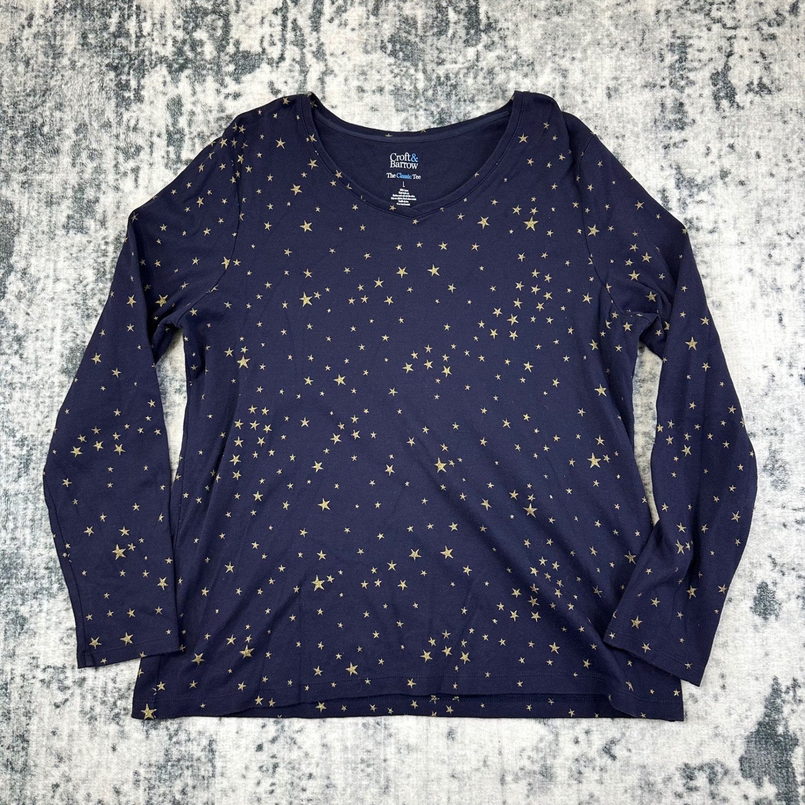 Croft & Barrow Long Sleeve Tee Womens L Navy Gold Star Print Classic Cotton Top