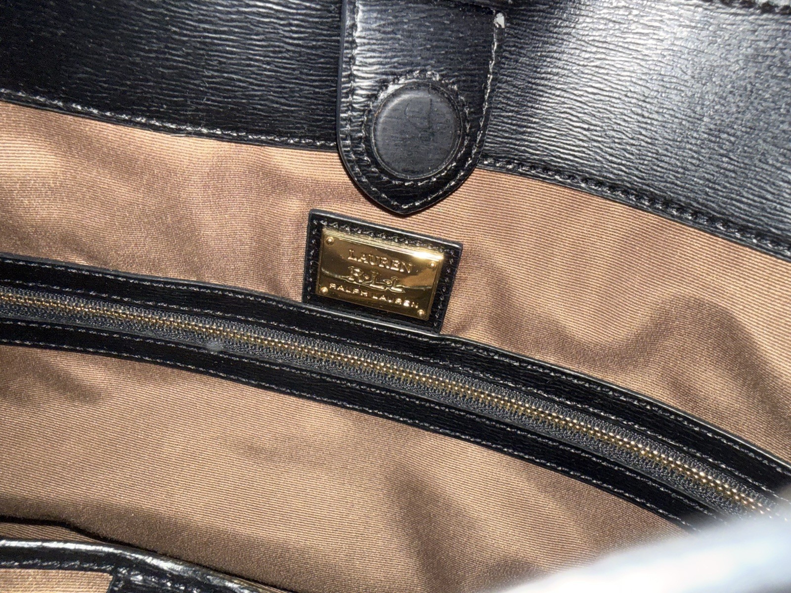 lauren ralph lauren black satchel top handle zip gold hardware inner pockets