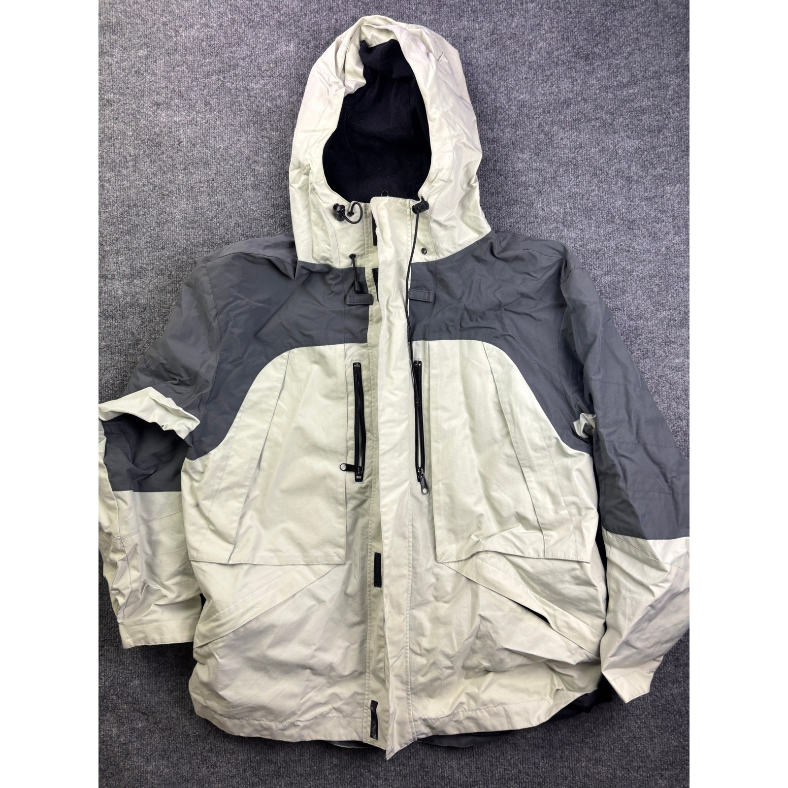 Vintage OP Ocean Pacific Hooded Jacket Mens L Grey Colorblock Nylon Windbreaker