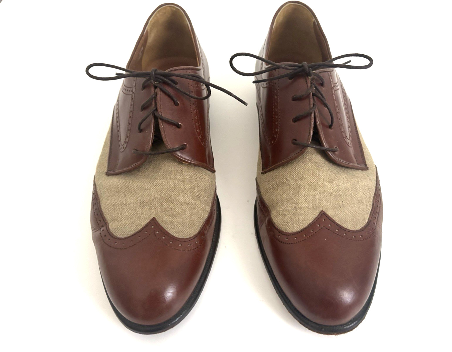Bostonian Florentine Shoes Size 10 Brown Leather Linen Spectator Wingtip Italy