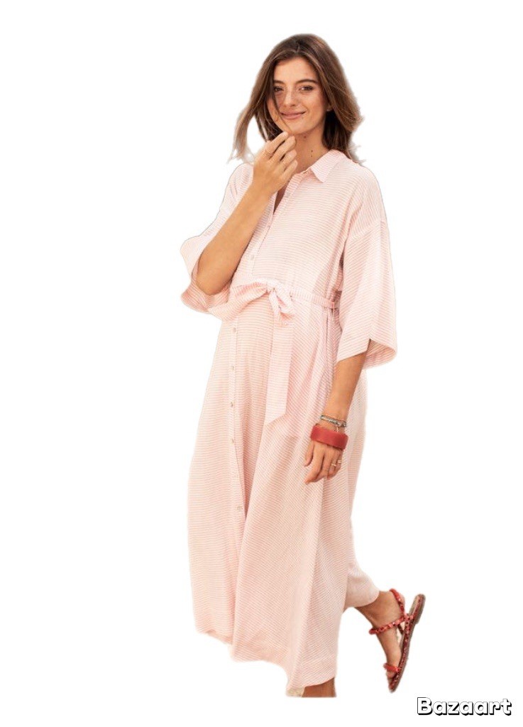 Hatch Maternity Women’s THE ELSA DRESS Rose Stripe Linen Blend $248 NEW