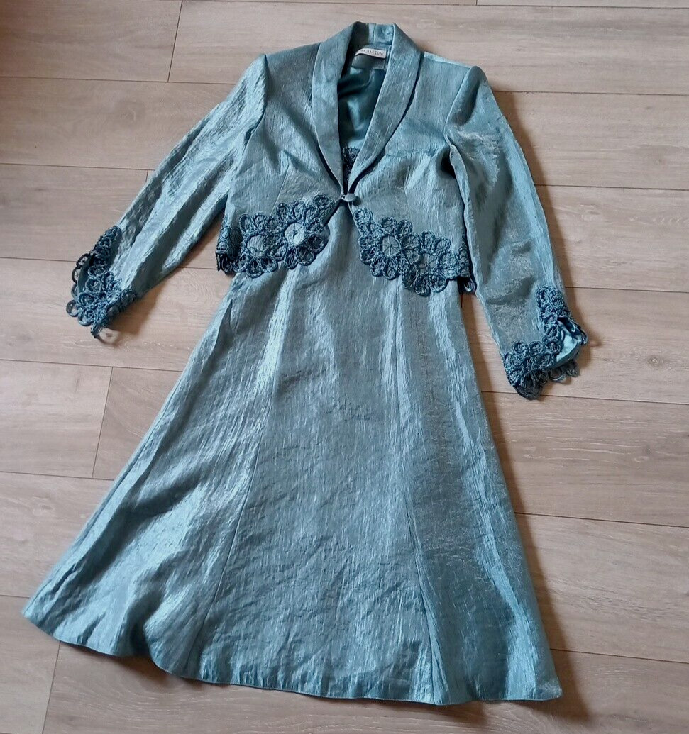 Gina Bacconi Duck Egg Dress & Jacket Faux Silk Embellished Wedding Occasion UK8