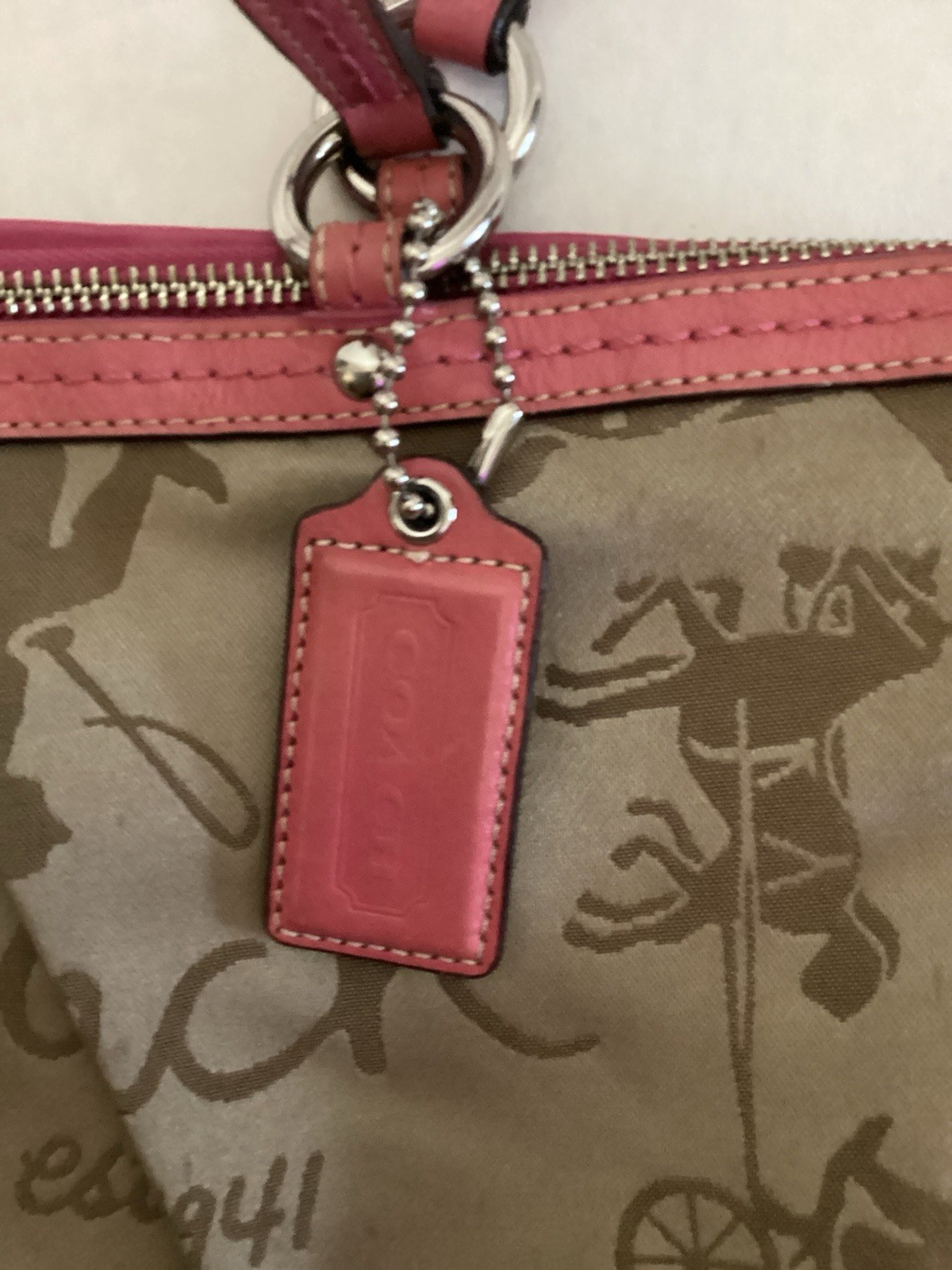 Coach Horse & Carriage Script Sateen Tote Bag Champagne/Pink Trim F14482 As-Is