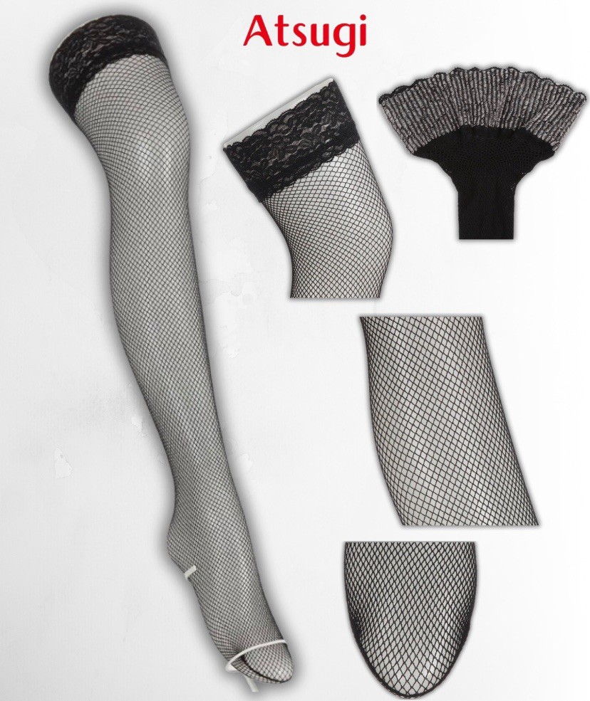 Atsugi Colors Fishnet Thigh High Stockings Lace Top Non Slip Black 3 Pairs OS