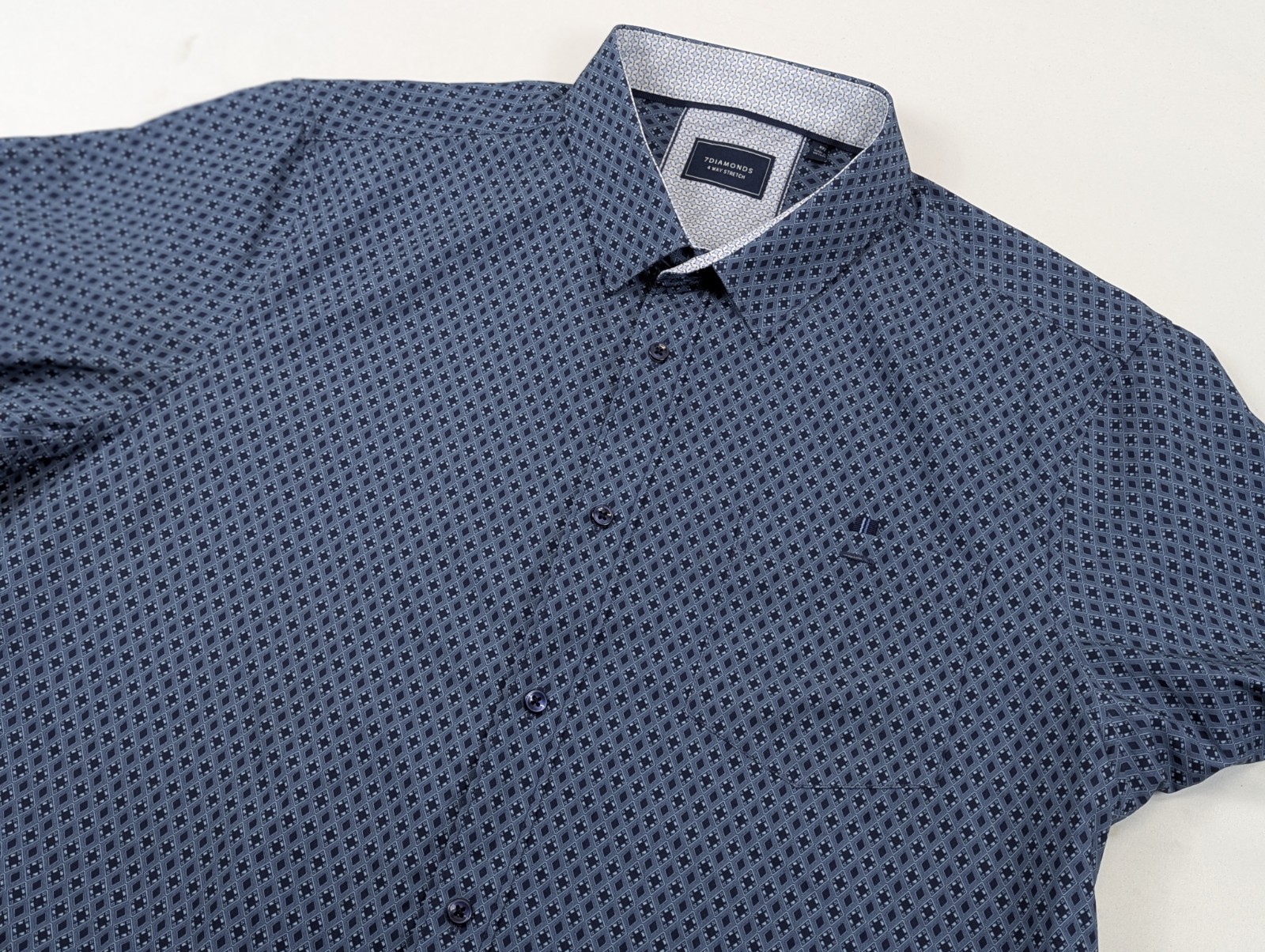 7 Diamonds 4 Way Stretch Shirt Mens 2XL Geometric Blue Button Up Short Sleeve