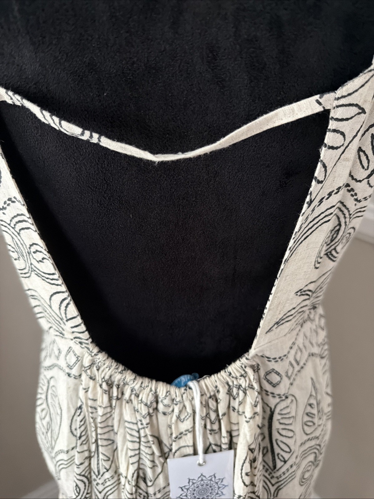NWT Blue Island Tropical Boho Linen Blend Mini Dress Coverup Neutral Open Back M