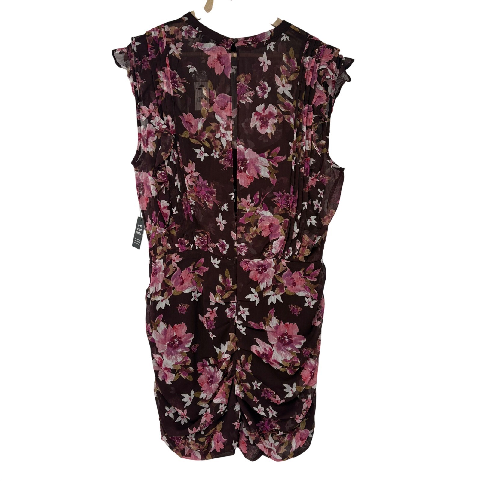 Express Womens Floral Ruched Chiffon Mini Dress XL Burgundy Pink Fairy Wedding