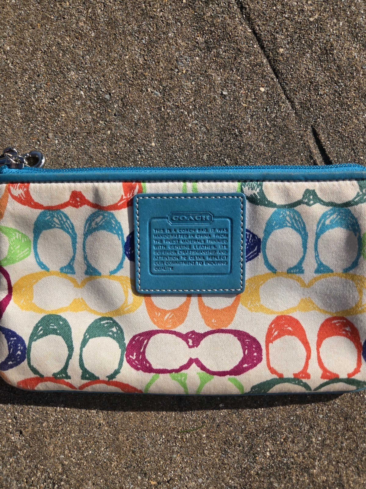 Vintage Y2K Coach Hampton Scribble Wristlet Teal Multicolor + Cherry Charm 🍒