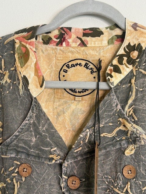 #1396 A Rare Bird Chambray Knotted Floral Mixed Shabby Chic Shirt/Jacket NWT