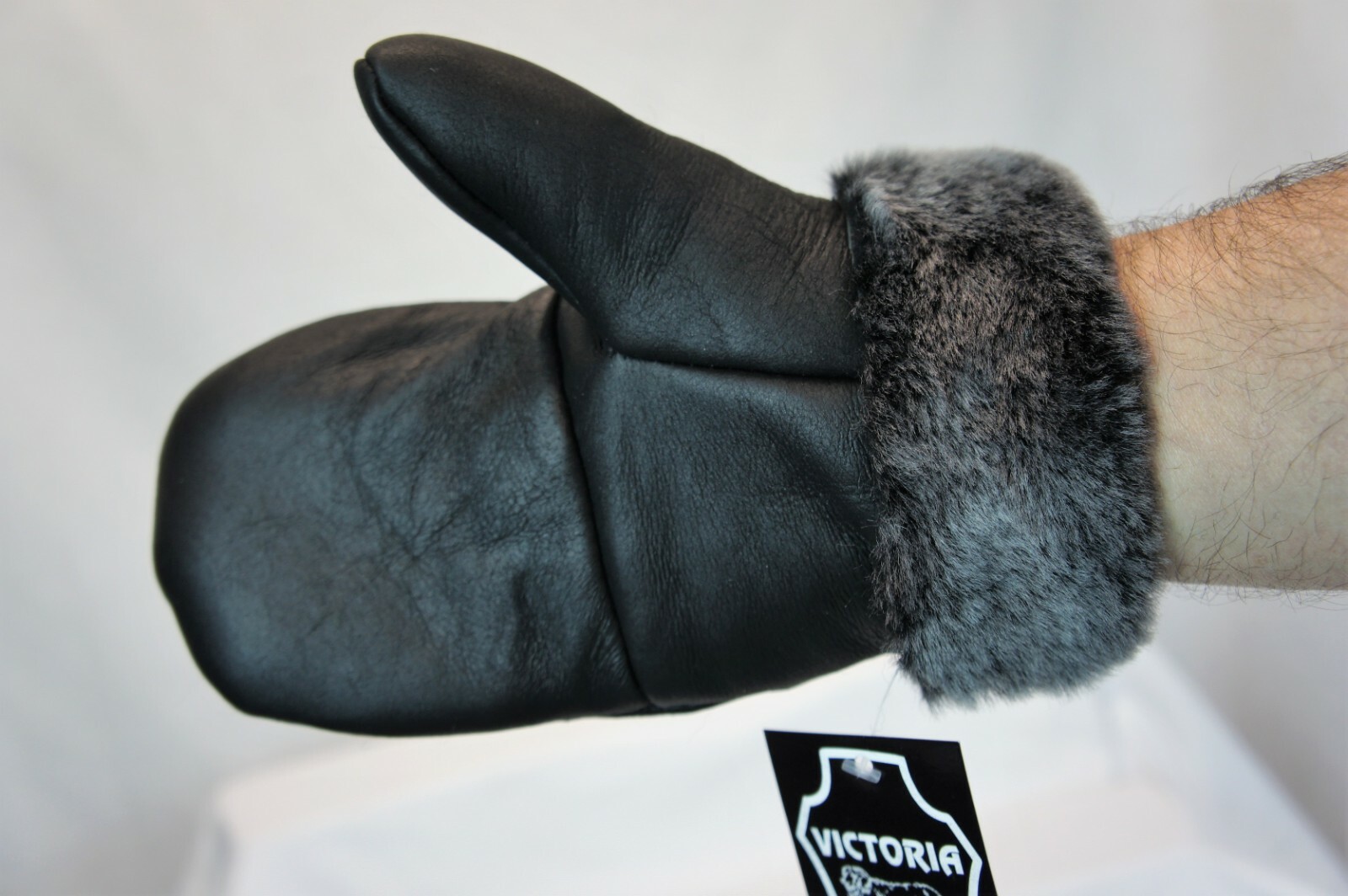 REAL GENUINE SHEEPSKIN SHEARLING LEATHER MITTENS UNISEX BLACK / GRAY ASH S-2XL