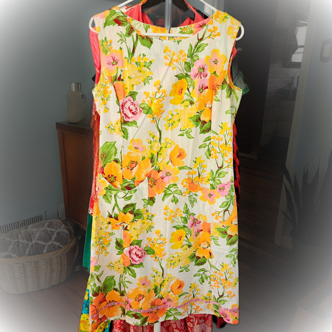 Vintage Shaker Squar Bill Sims Yellow Pink Green Floral Dress Women 14
