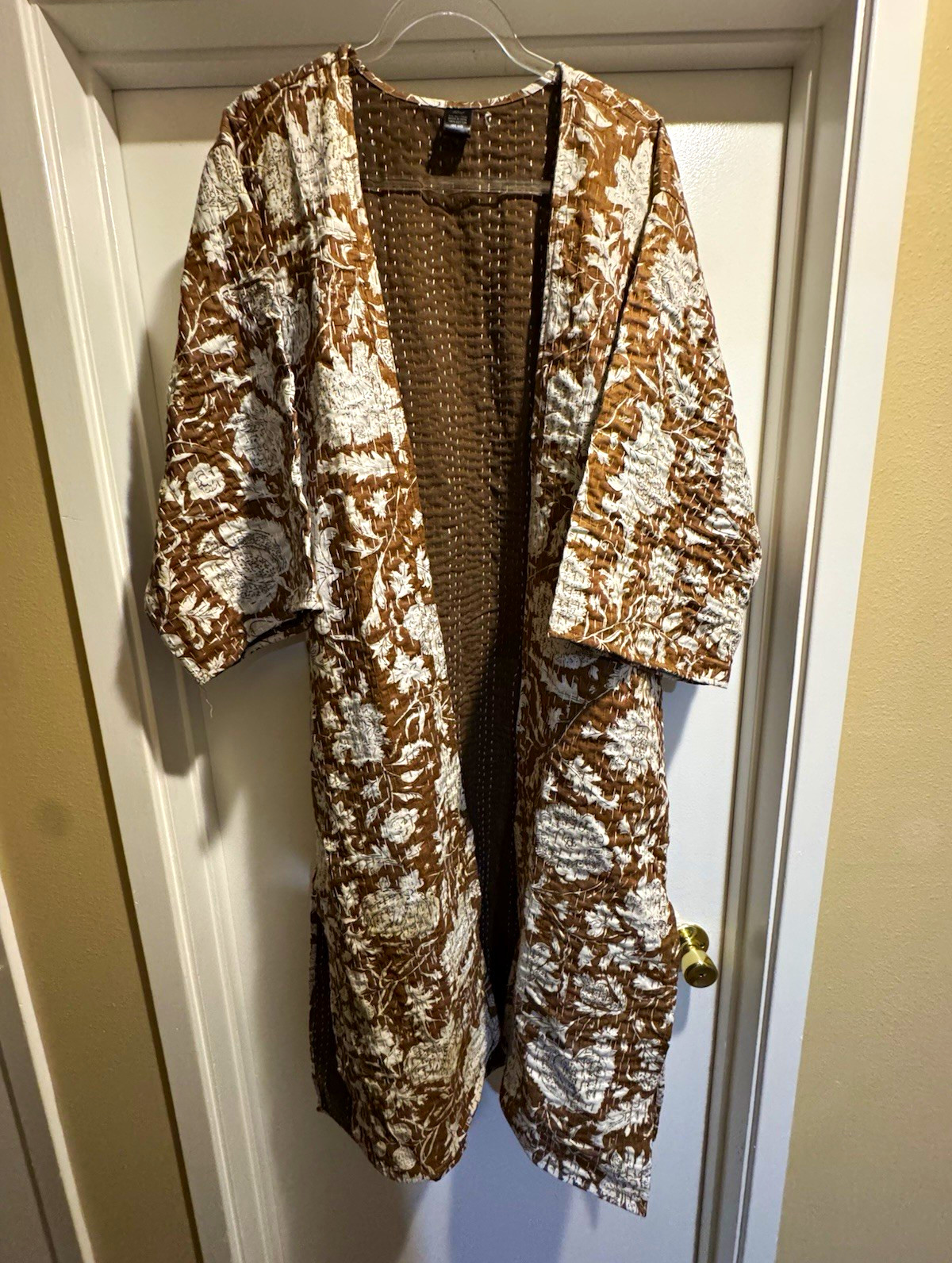Raj Reversible Quilted Floral Open Front Long Kimono Jacket One Size