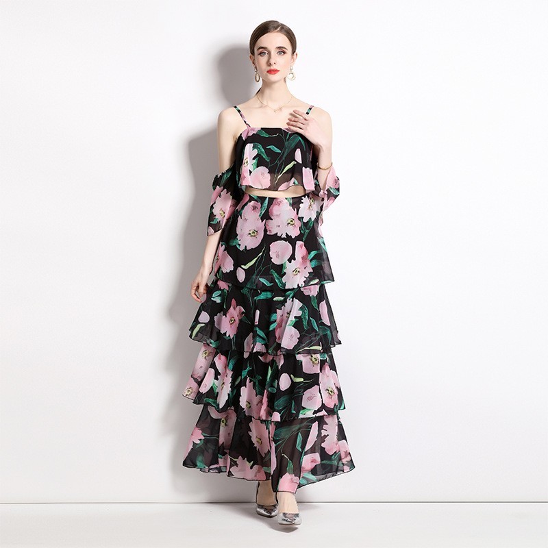 Women’s Boho Floral 2 Piece Set Off Shoulder Crop Top Tiered Maxi Skirt Vacation