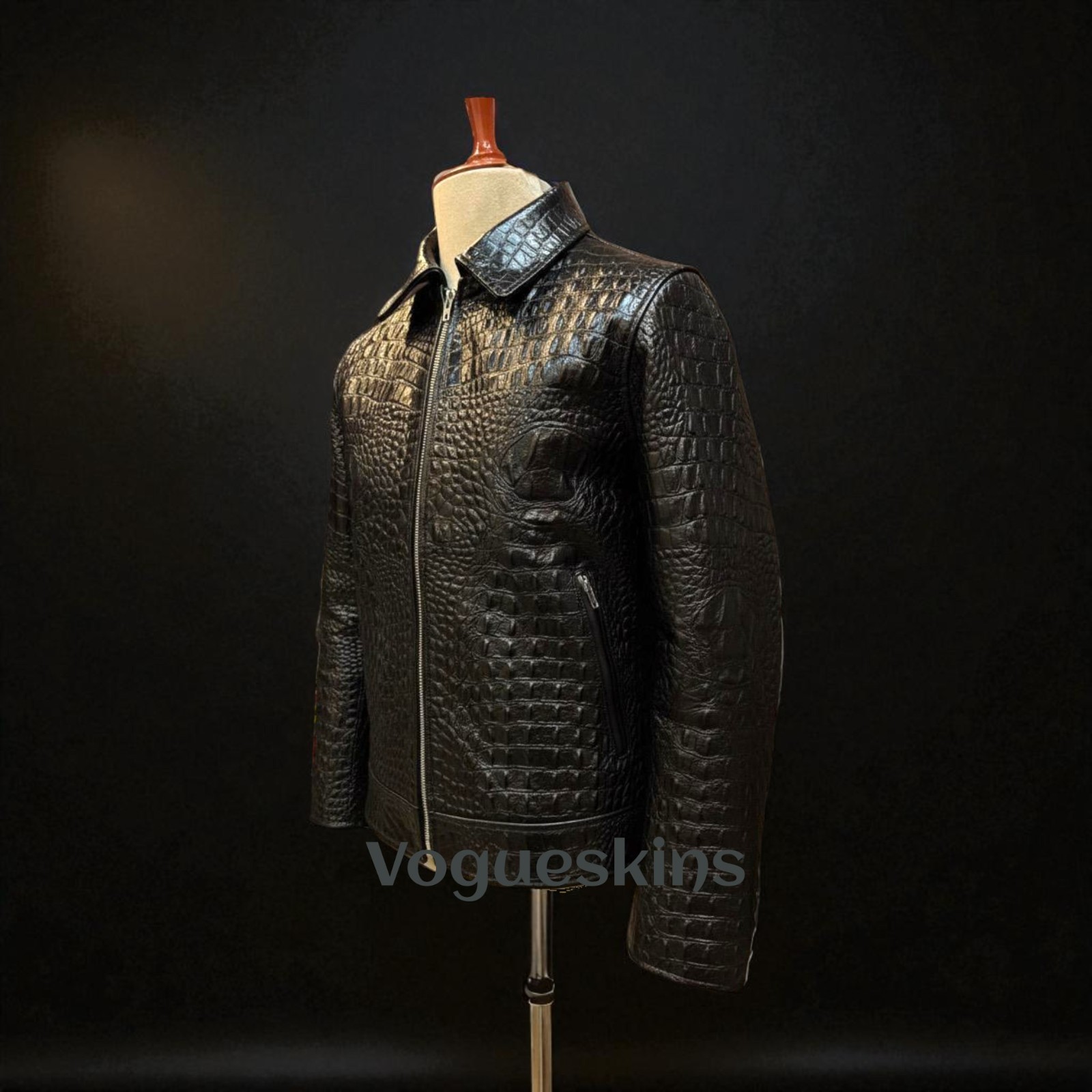 Men’s Black Leather Jacket Crocodile Embossed Pattern Alligator Leather Jacket