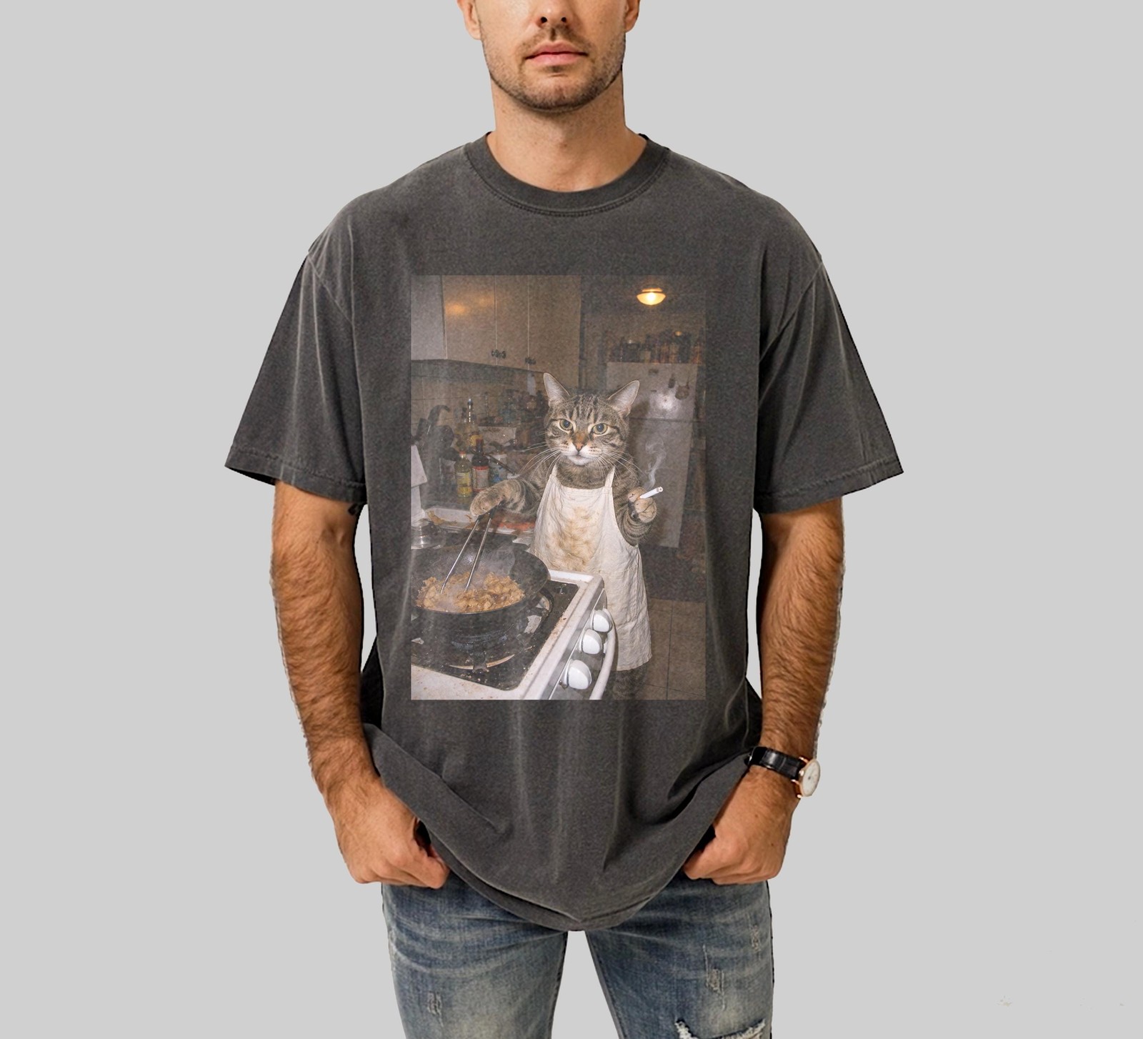 Funny Cat T-Shirt Retro Cooking Cat Meme Graphic Tee Unisex