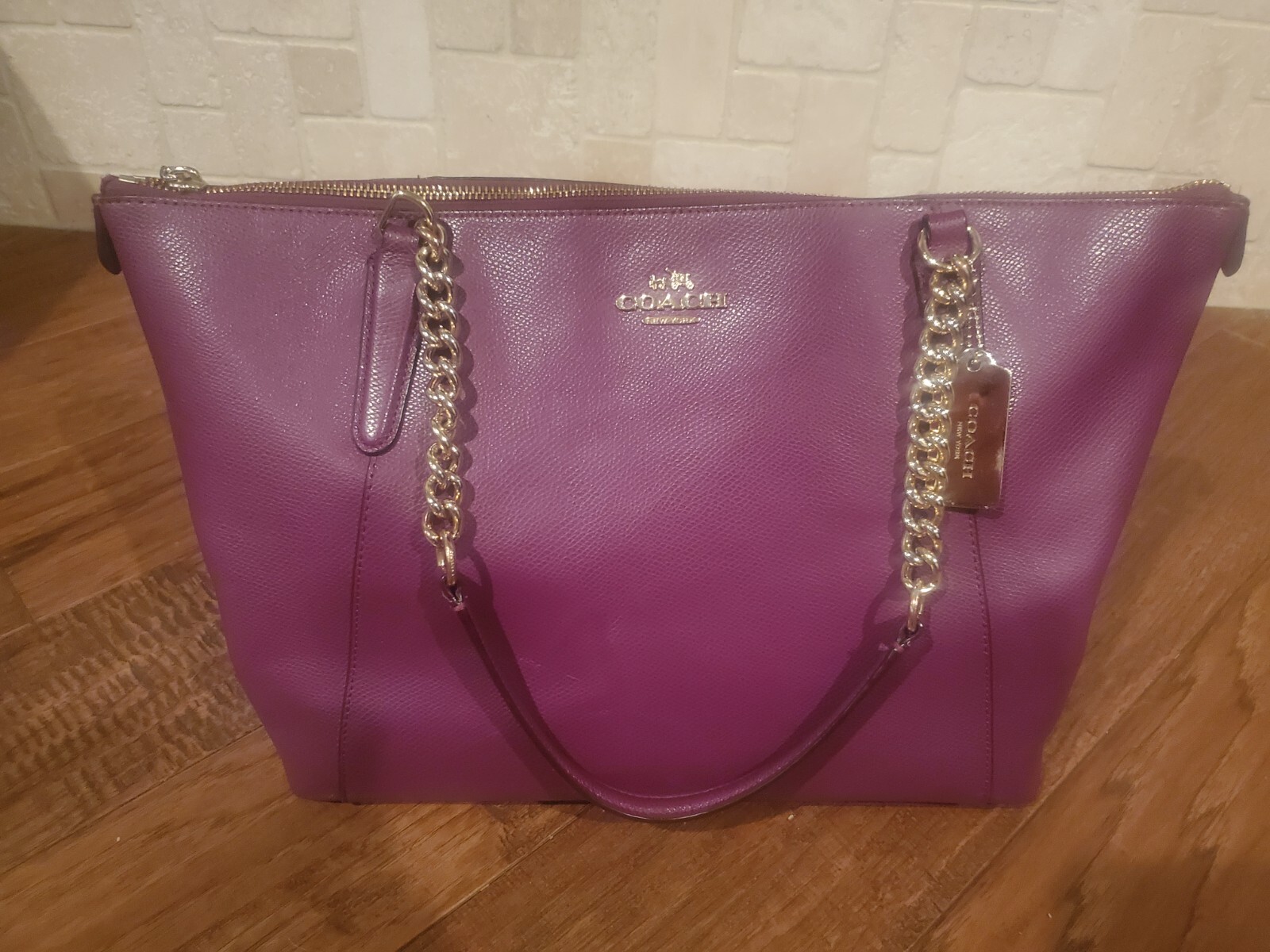 Coach Ava Chain Tote Pebble Leather Gold Chain Purple Handbag F87775 MSRP $398