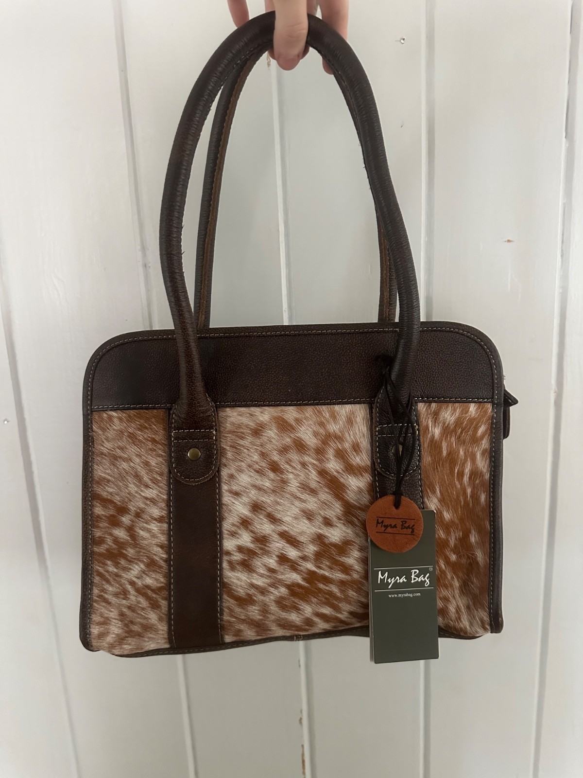 Myra cowhide leather & hair on bag brown cowhide new with tags medium size