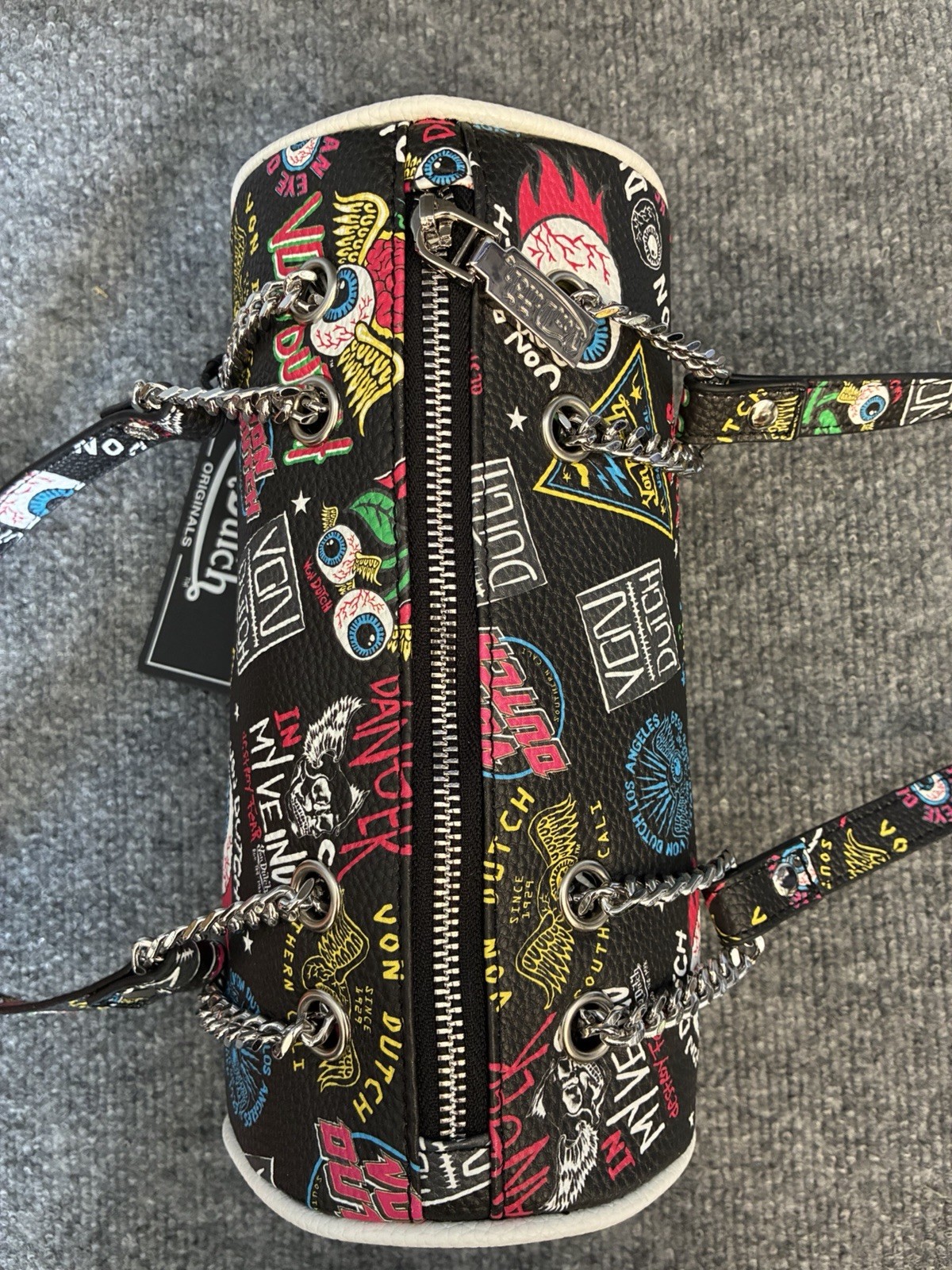Von Dutch Black/Multicolor Logo Print Cylinder Crossbody Bag Zip Top Chain Strap