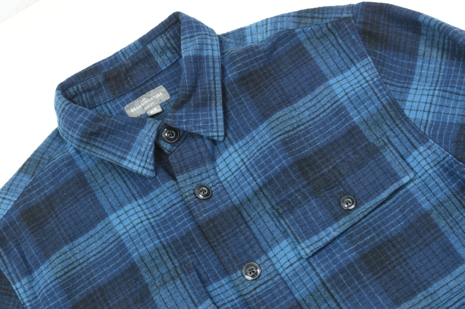 LL Bean Signature 1933 Chamois Cloth Shirt Mens Medium Blue Plaid Slim Fit