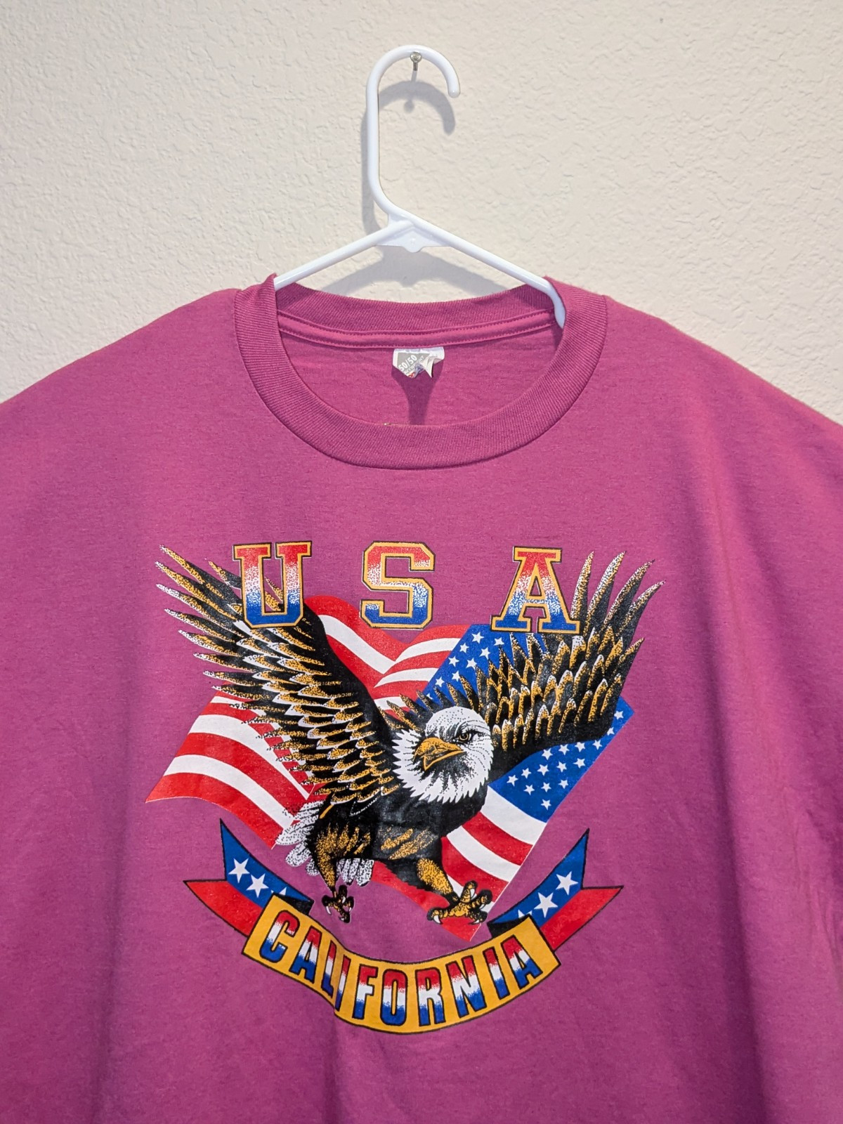 VTG 90s Jerzees California USA Bald Eagle T-Shirt Mens Magenta SS Crew Neck 2XL