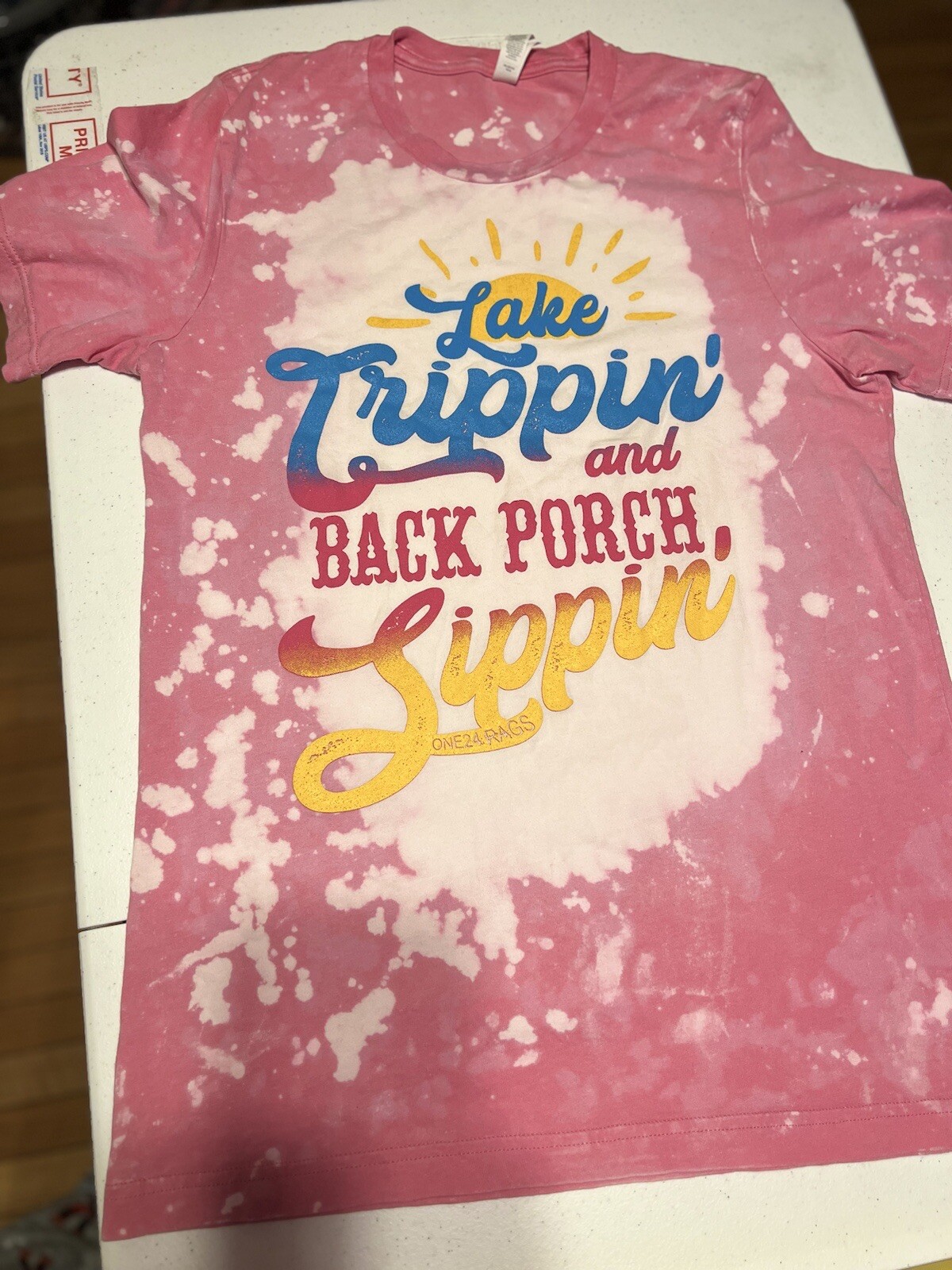 Lake Tripping Back Yard Sipping Graphic T-shirt Medium Bleach Summertime