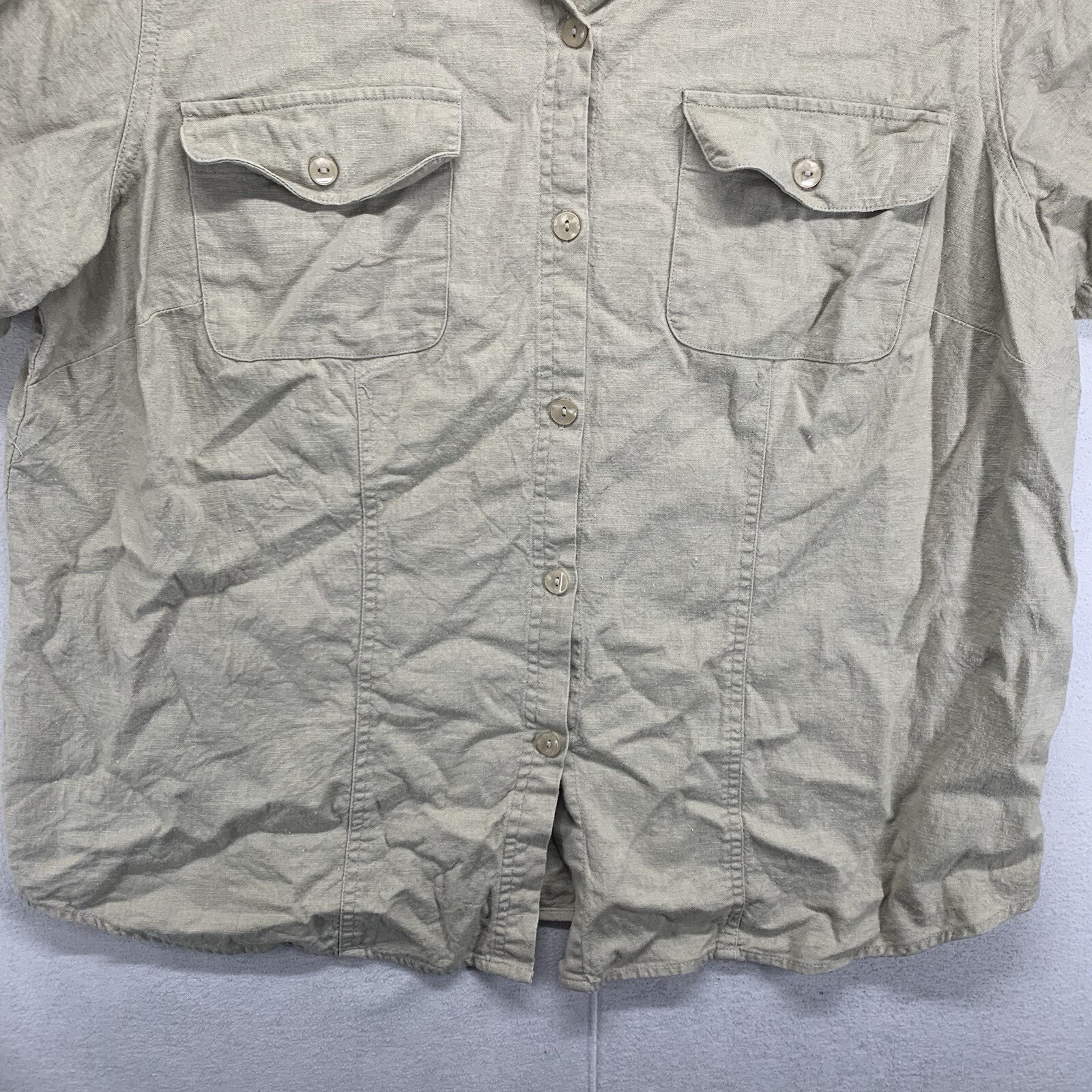Women’s 16W Button Down Collar Top Linen Cotton Natural Neutral Earthy Pockets