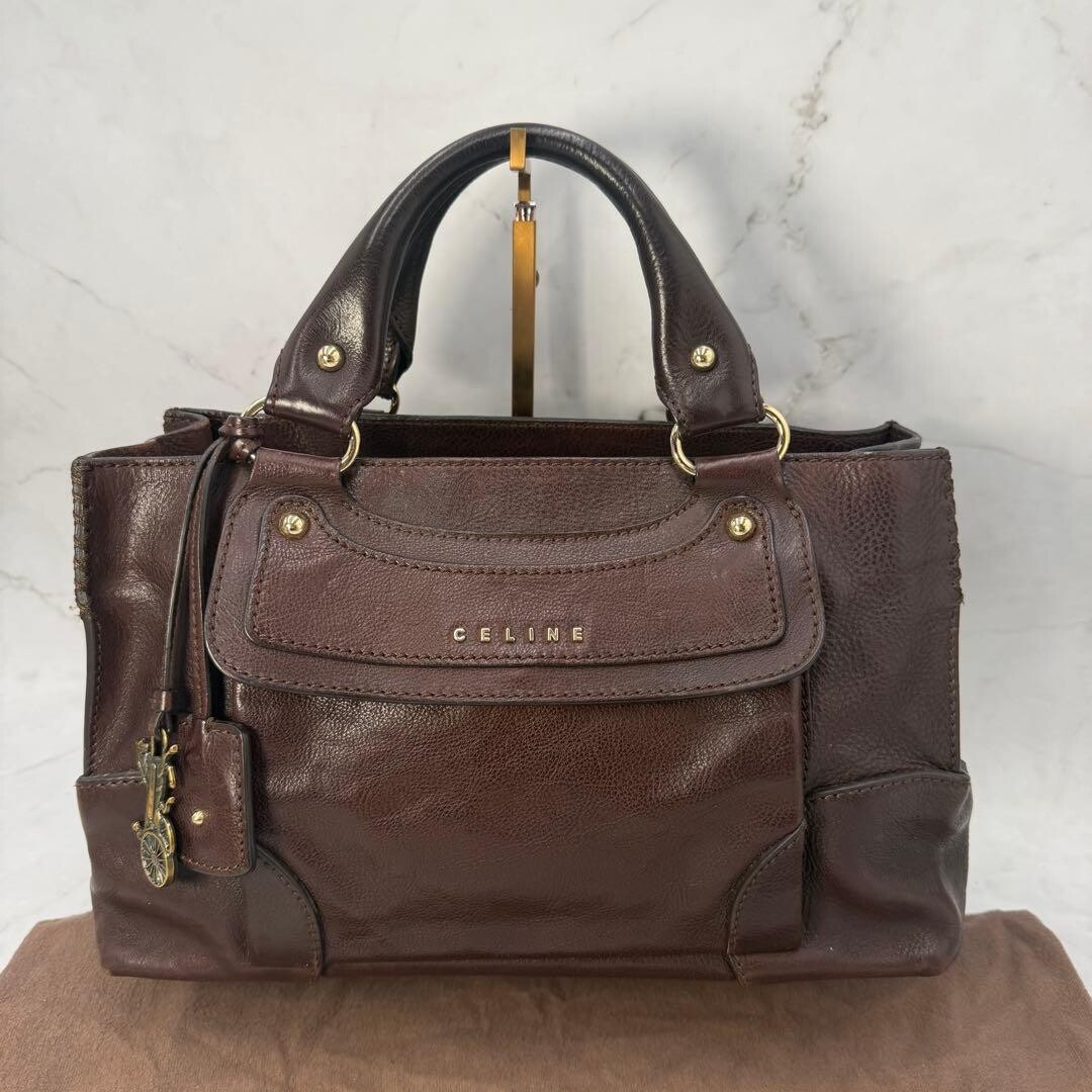 CELINE Boogie Bag Brown Leather Horse Carriage Charm Handbag Vintage Dust Bag