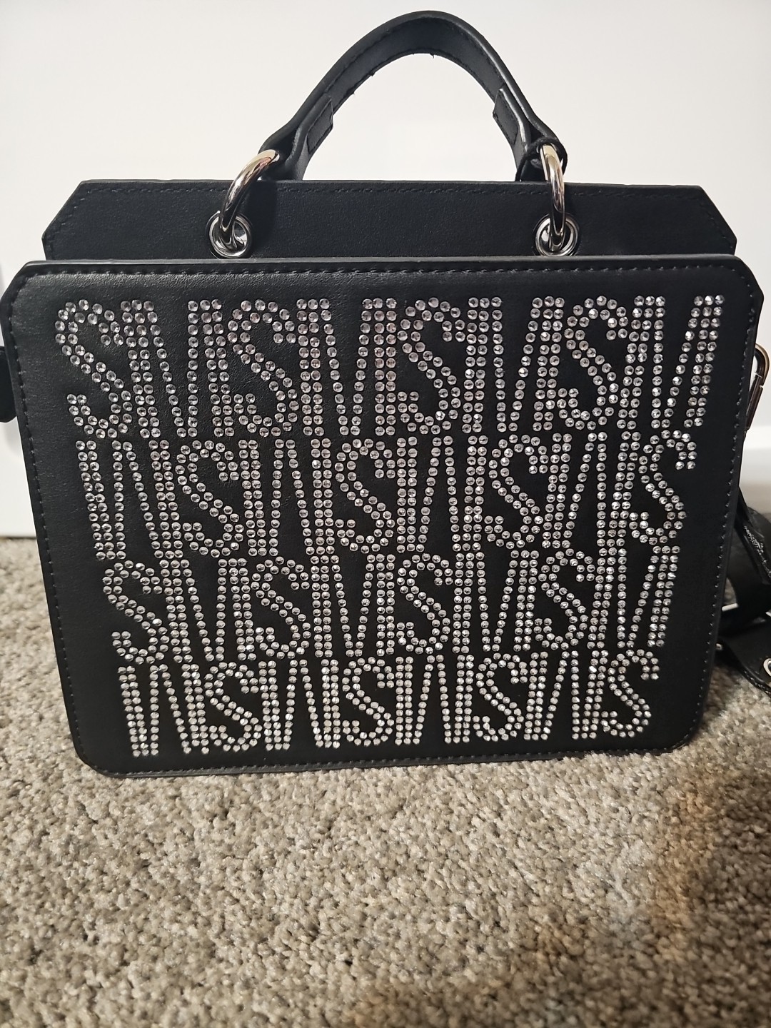 Steve Madden Bevelyn Rhinestone Logo Silver Satchel
