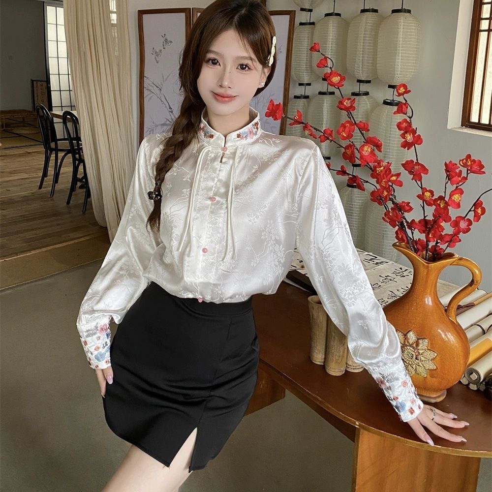 Lady Satin Shirt Faux Silk Top Business Pullover Retro Blouse Chinese Style