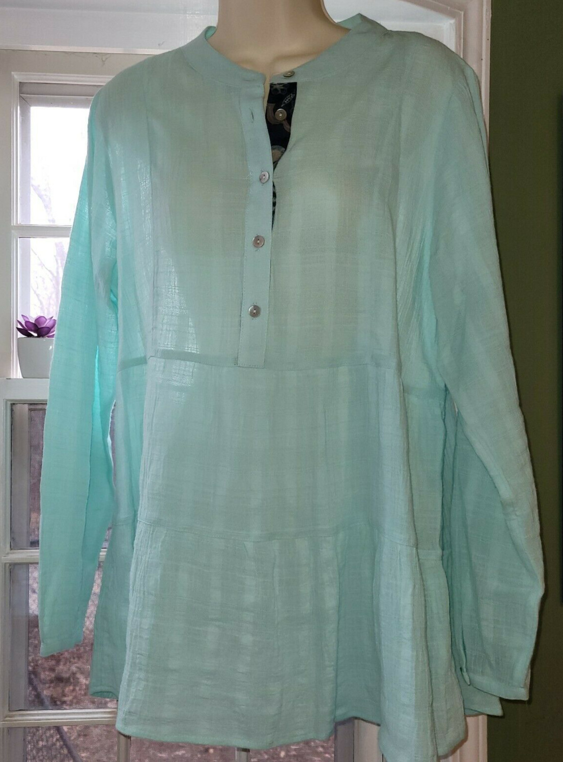 Soft Surroundings Gloria Gauze Henley Tunic Top Clearwater Blue 2DC07 M 10-12
