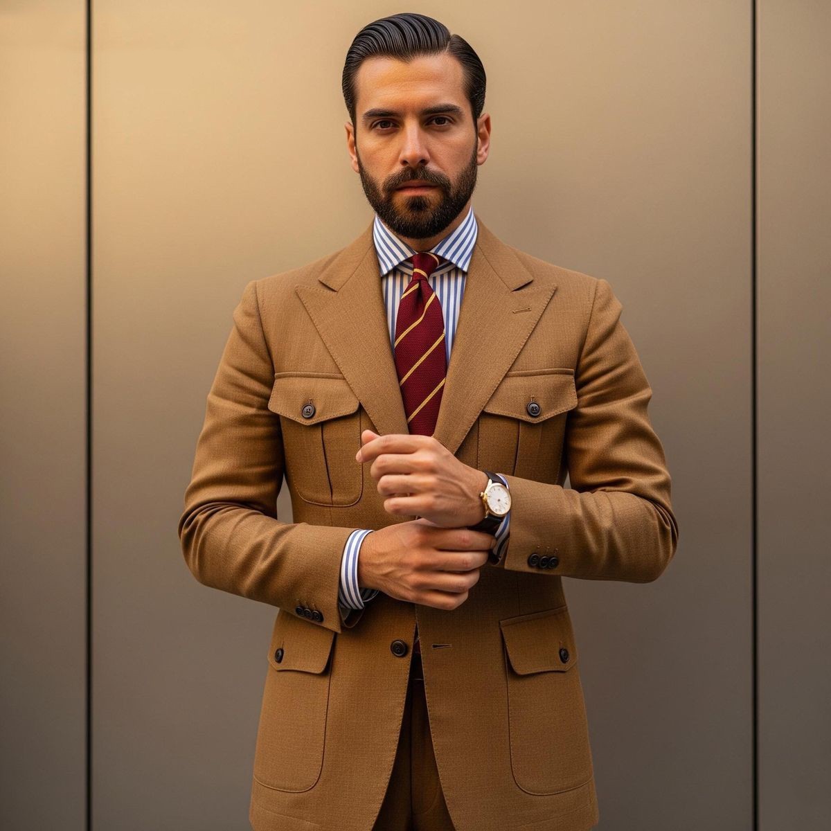 Khaki Men’s Safari Jacket Business Casual Blazer Formal Peak Lapel Jacket Coat