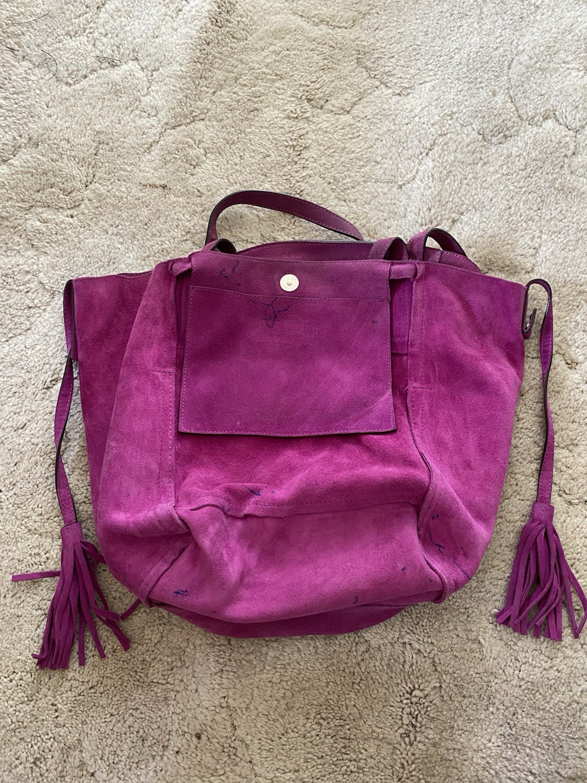 Michael Kors Fuchsia Suede Tote Bag Magnetic Closure Gold Hardware Tassel Charm