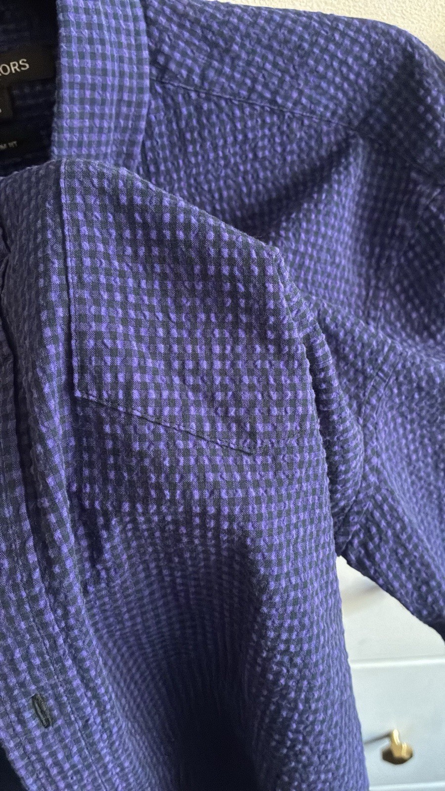 Michael Kors Cotton Check Short Sleeve Button-Up Shirt w/ Pockets M Blue Purple