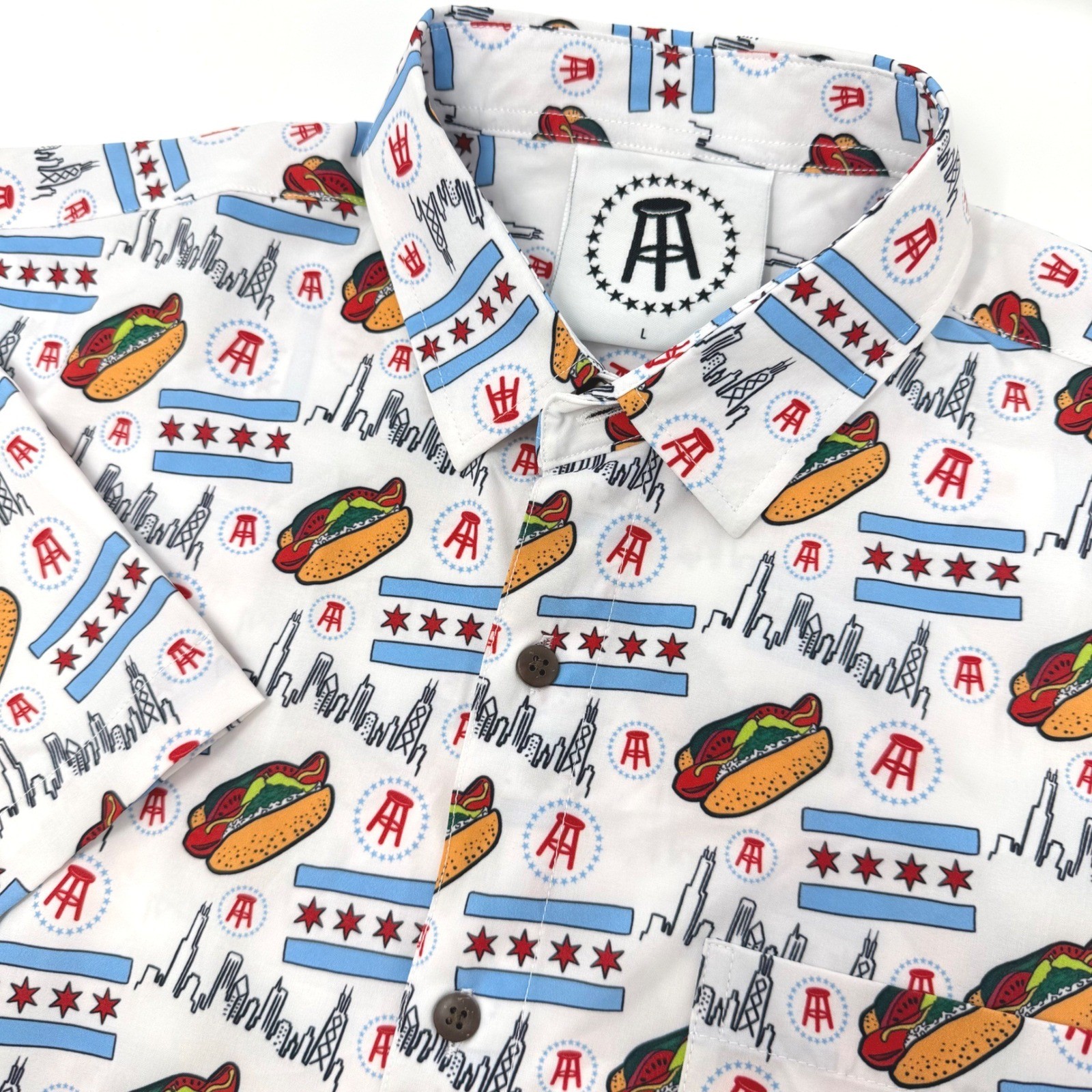 Barstool Sports Tropical Bros Mens Large Chicago Hot Dog Skyline Button Up Shirt