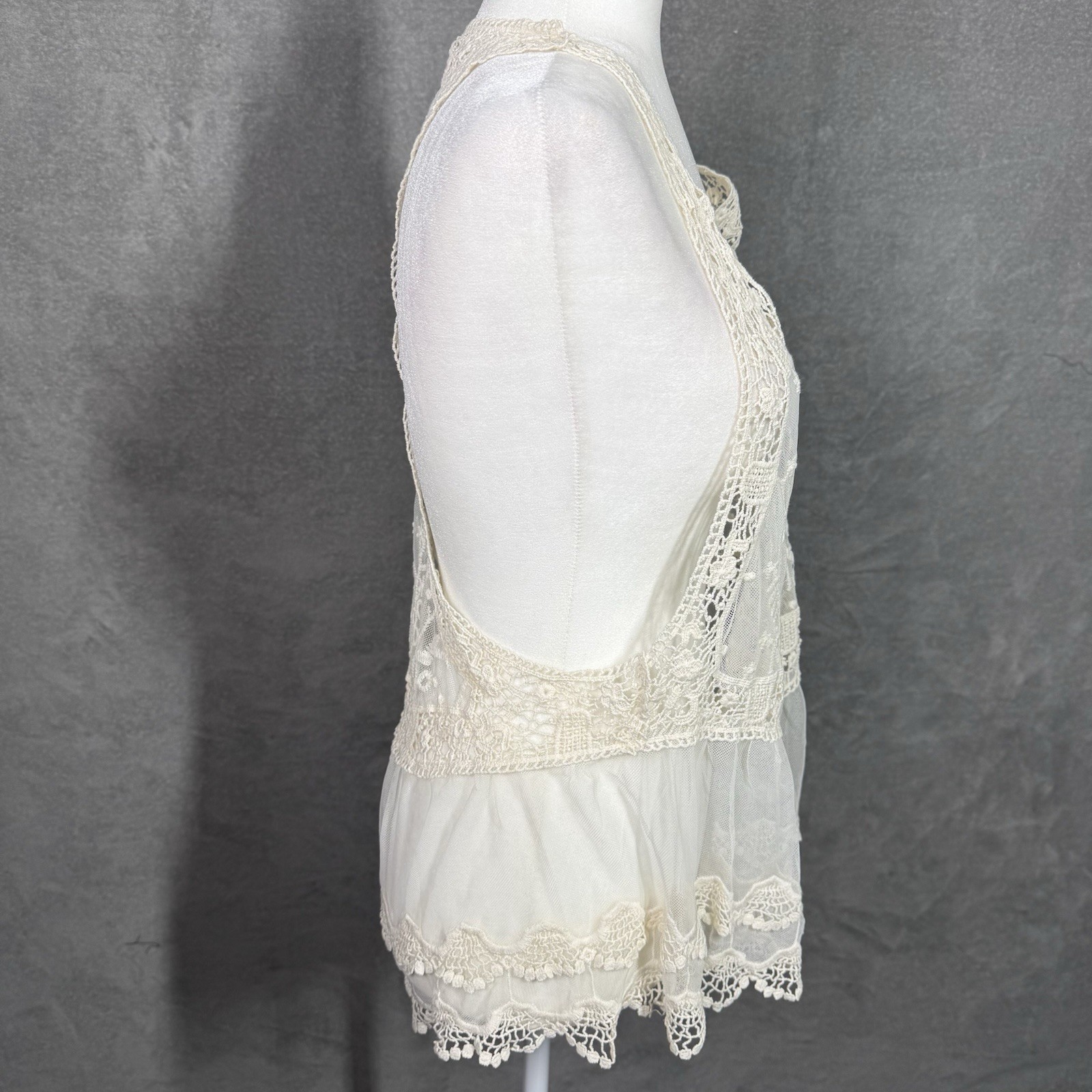 Lace Tank Top Boho Sheer Crochet Mesh Racerback Ruffle Hem One Size Ivory