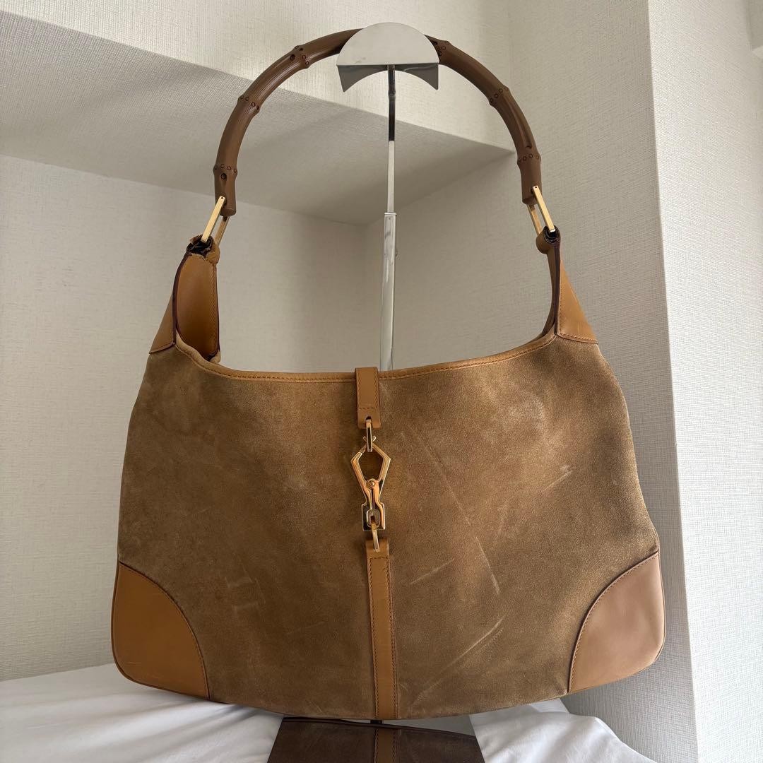 GUCCI Jackie Bamboo Shoulder Bag Suede Leather Brown Gold Hardware from Japan