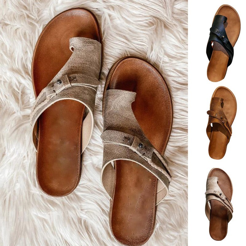 Women’s Retro Orthopedic Sandals Bunion Correction Slippers Toe Rings Flat Shoes