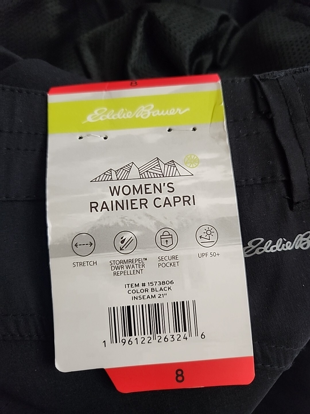 Eddie Bauer Rainier Capri Pants Womens 8 Black Hiking UPF 50 Stretch NEW